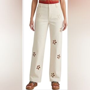 Retro 32 Boho Festival Daisy Flair Midrise Artisy Ivory Cutout Cotton Jeans New